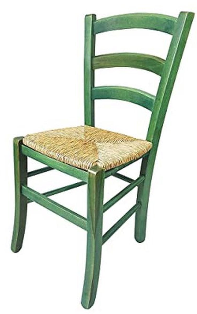 LTPRTZ Rustieke Houten Eetkamerstoel met Rattan en Groene Stoffen Zitting