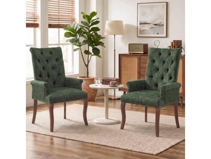 SoarFlash 2er Set Chenille-Sessel Grün, Modernes Knopftuft-Design Weiches strapazierfähiges Chenille-Gewebe, stabile Massivholzbeine. Eleganter Stil für Wohn-, Ess- und Schlafzimmer.