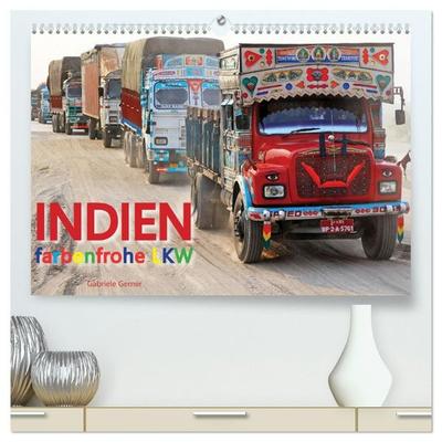Indien Farbenfrohe LKW (hochwertiger Premium Wandkalender 2027 DIN A2 quer), Kunstdruck in Hochglanz