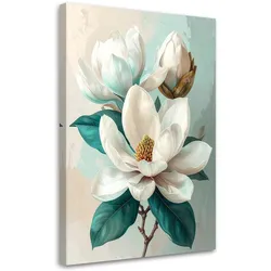 WANDBILD, Weiße Magnolie mit türkisfarbenen Blättern auf hellem Hintergrund