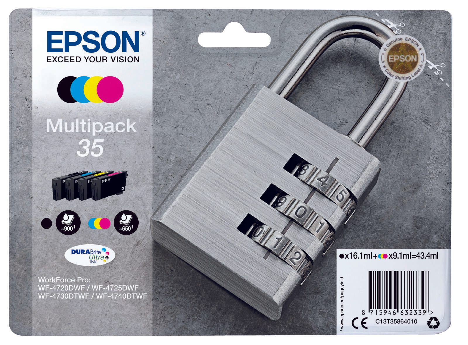 Epson Original 35 Schloss Druckerpatronen 4er Multipack schwarz cyan magenta gelb (C13T35864010)
