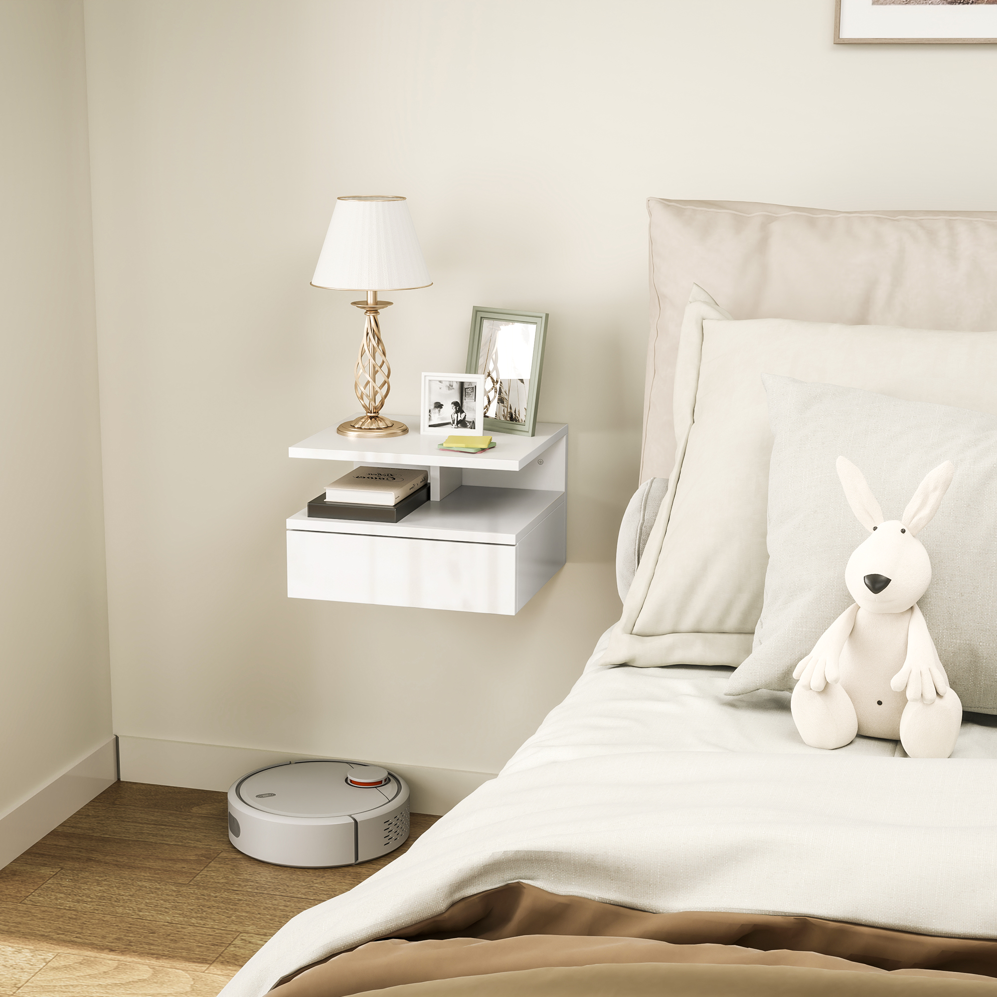 Homcom Comodino Sospeso per Camera da Letto con Cassetto e Ripiano Aperto in Legno, 35x32x22.5 cm, Bianco
