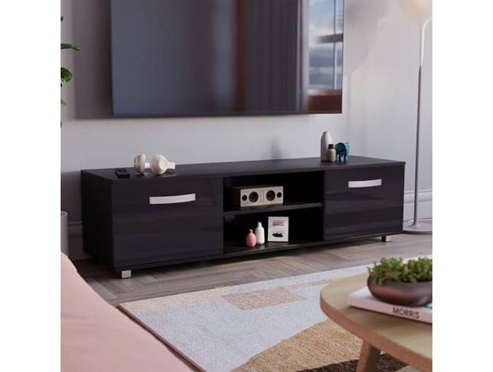 Vida Designs Cosmo Fernsehschrank TV Bank 2 Türen Modern Glänzend Matt MDF Wohnzimmer Schränkchen Medienständer Medienhalter Möbelstück Schwarz 140cm