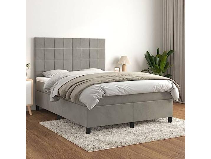 RJPLMFV Bettgestell, Matratze, Velours, Hellgrau, 140 x 200 cm Verstellbarer Kopf, Taschenfedern, Unterstützung für Rücken und Bauch, weicher Stoff