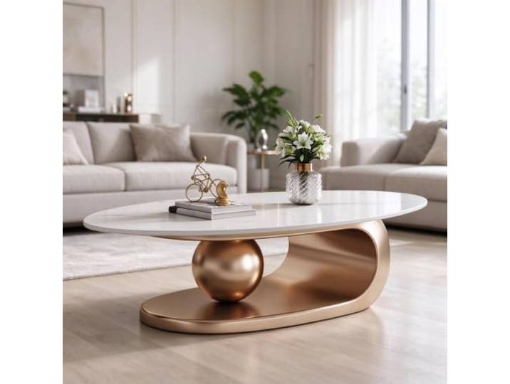 YHTCSXMD Couchtisch oval modern, Steinplatte mit Edelstahlgestell Glatte Steinplatte, Edelstahlbasis, Größen 120/130/140 cm, Couchtisch modern für stilvolle Wohnzimmer