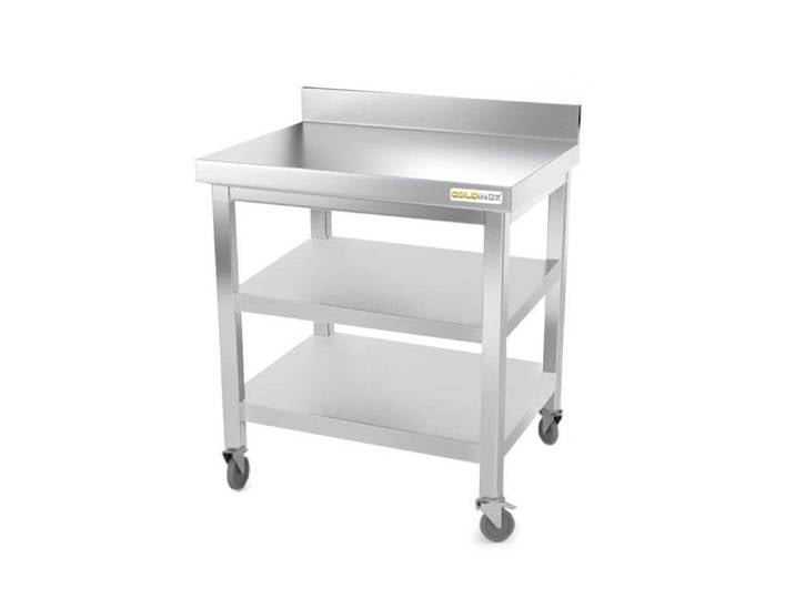 Table de travail en inox GOLDINOX PREMIUM 800 x 800 mm adossé avec 2 étagères sur roulettes