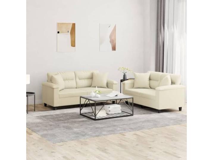 HEFZGDB 2-TLG. Sofagarnitur mit Kissen Creme Kunstleder, Langlebiges Schmutzabweisendes Sofa mit Robustem Gestell, Bequeme Polsterung für Entspannung, Luxuriöses Design, Stabiles