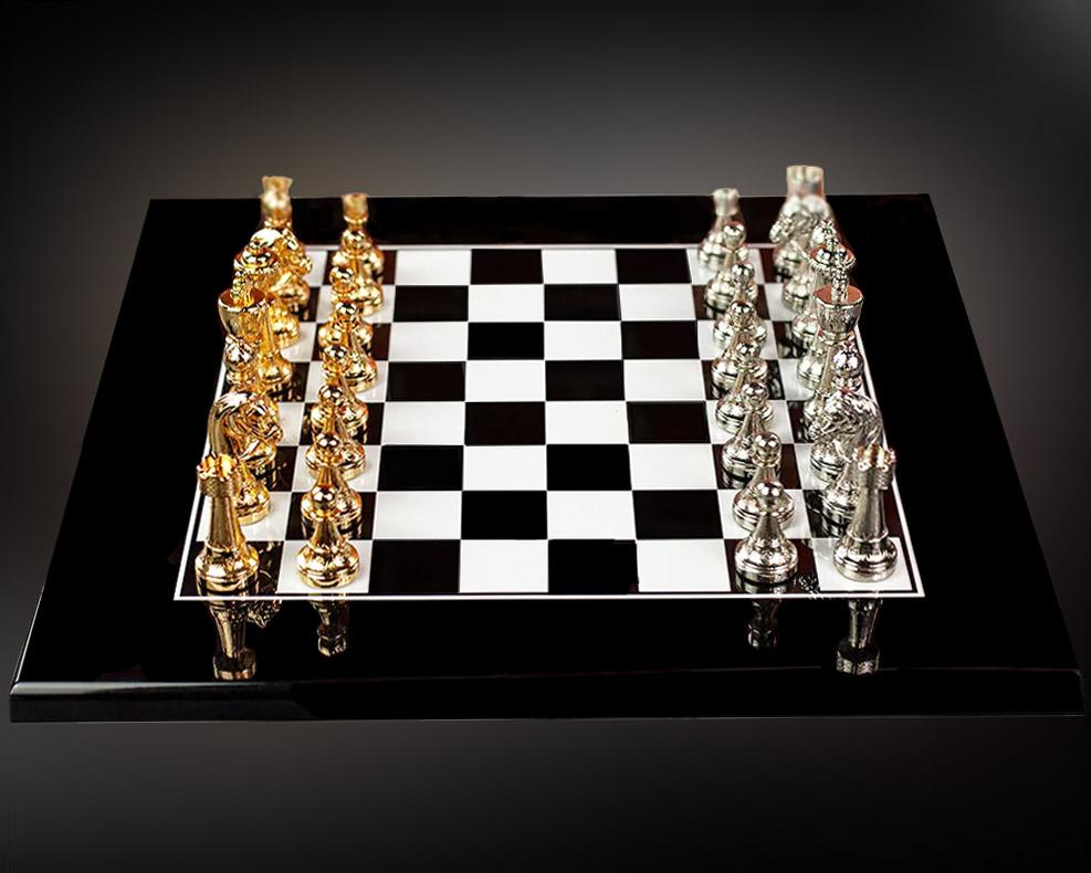 Italienisches Schachset Staunton Gold/Silber + Schachbrett Schwarz/Weiss Holz 40