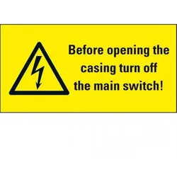 Dreifke® Warn-Kombischild Before opening...turn off, RoHS konform, Folie, selbstklebend, 148x74mm