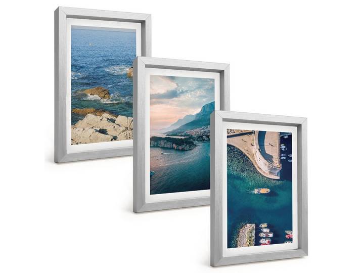 BILDER SET 3er Set - 20x30 cm Silberner Rahmen - Meerblick, Klippen, Häfen