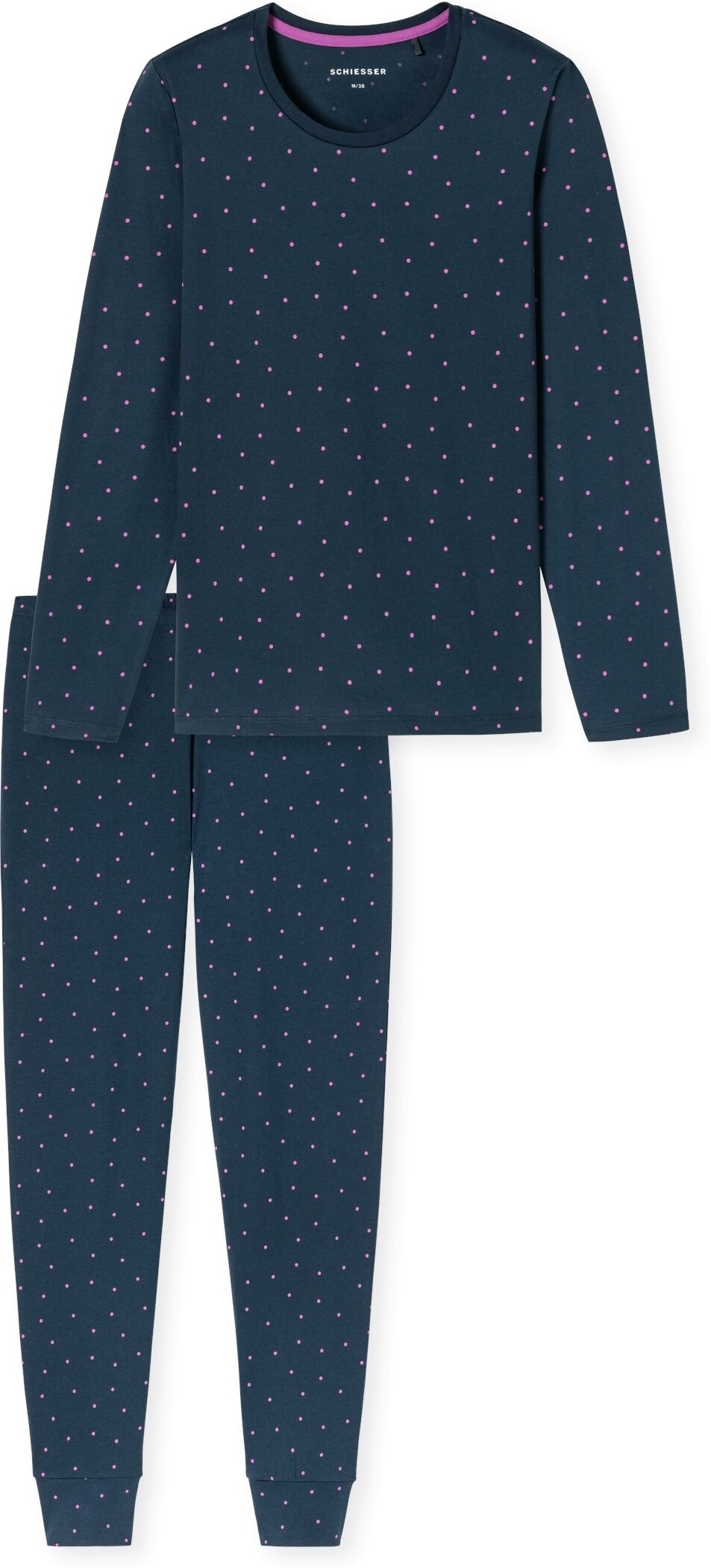 Schlafanzug SCHIESSER "Casual Essentials", Damen, Gr. 40, weiß (854, ultra violett), Single Jersey, Obermaterial: 100% Baumwolle, bequem lang, Rundhals, Homewear-Sets Schlafanzug, mit eingefasster, runder Halsausschnitt