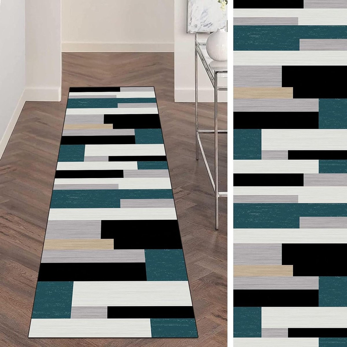 Modern Keukenloper Tapijt - Antislip en Wasbaar Gangkleed - Wit Zwart Blauw - Polyester