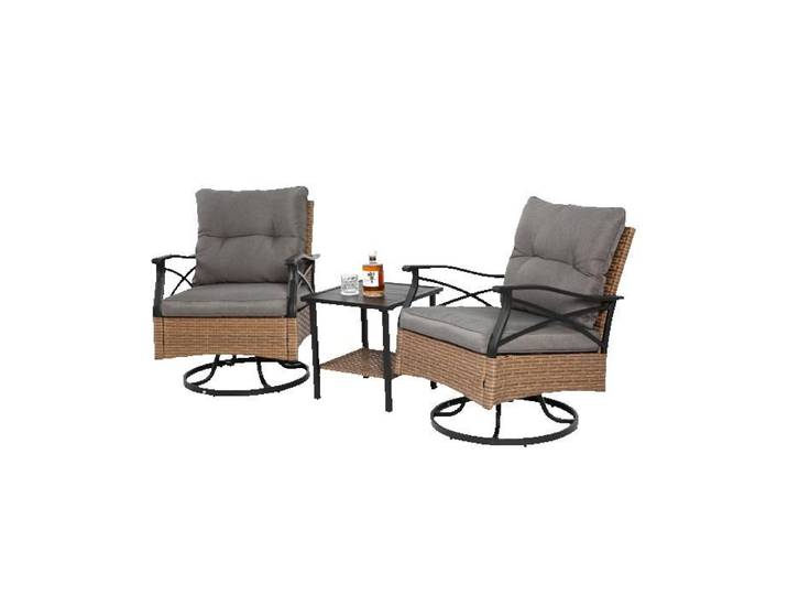 Salon de jardin 3 pièces marron avec table et 2 fauteuils à bascule rotatifs en résine tressée mobilier extérieur terrasse