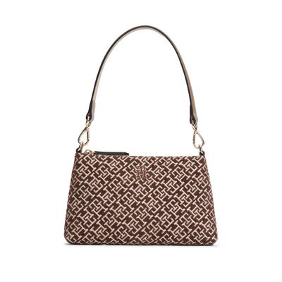 Schultertasche TOMMY HILFIGER "TH JACQUARD MINI SHOULDER BAG", Damen, Gr. B/H/T: 25cm x 14,5cm x 3cm, braun, creme, Lederimitat, Textil, gemustert, Taschen Schultertasche, Damen Handtasche, Clutch mit edler TH-Logostickerei