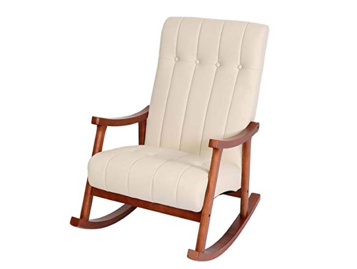 Mendler Schaukelstuhl HWC-K10 - Kunstleder Creme, Gestell Walnuss-Optik Schaukelsessel, Schwingstuhl, Relaxsessel, FSC®
