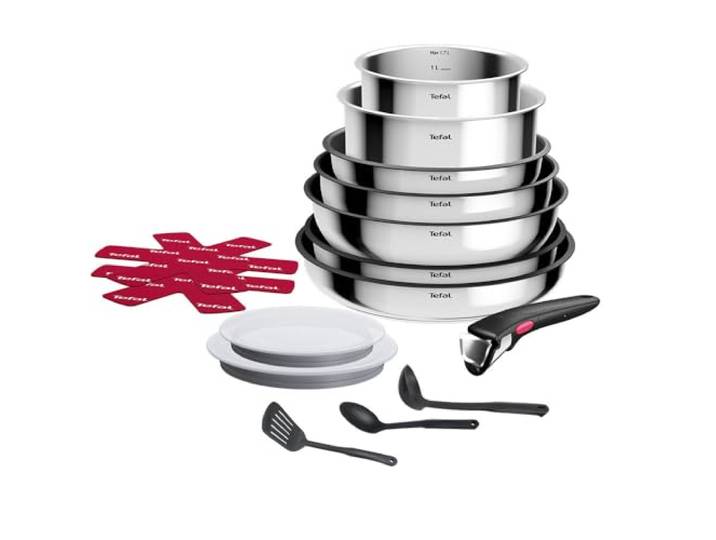 Tefal Ingenio Cook Eat\, Batterie de Cuisine 15 Pièces\, Inox\, Compatible Tous Feux dont Induction