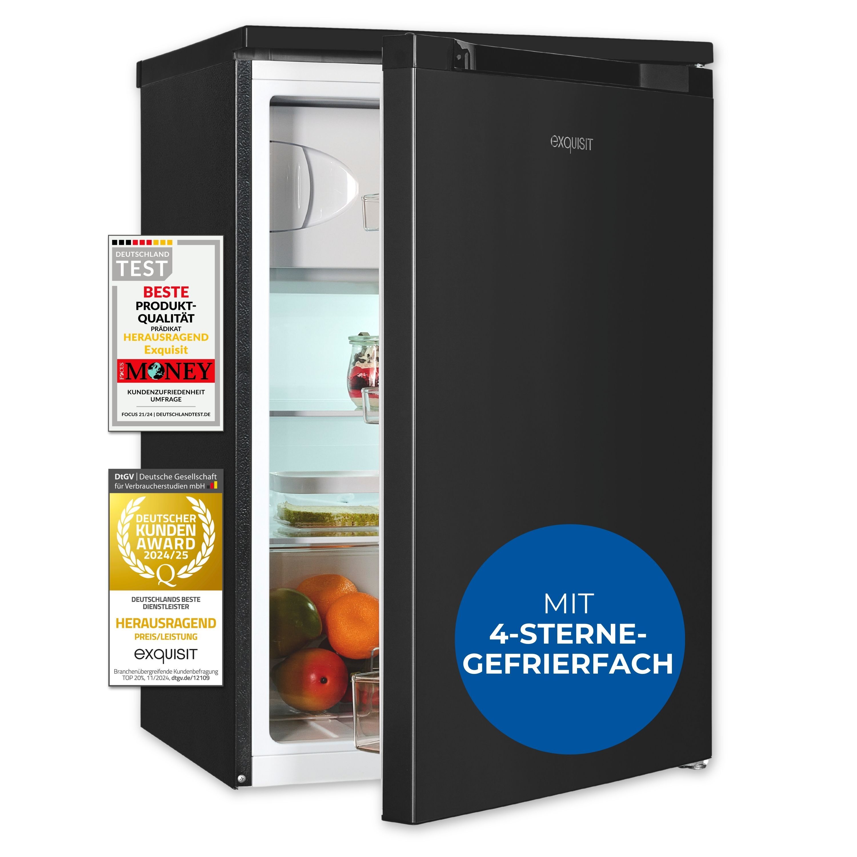 Exquisit Kühlschrank KS516-4-051C inoxlook-az | 107 l Nutzinhalt l EEK: C l LED-Beleuchtung l mit Glasablage l Mit Gefrierfach l 4-Sterne-Gefrieren
