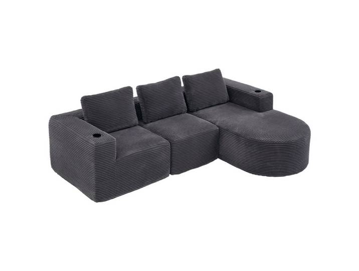 265cm Canapé d'angle en Forme de L Canape Dangle Convertible Canapé Modulable 3 Places Porte‑Gobelets Velours Côtelé Beige