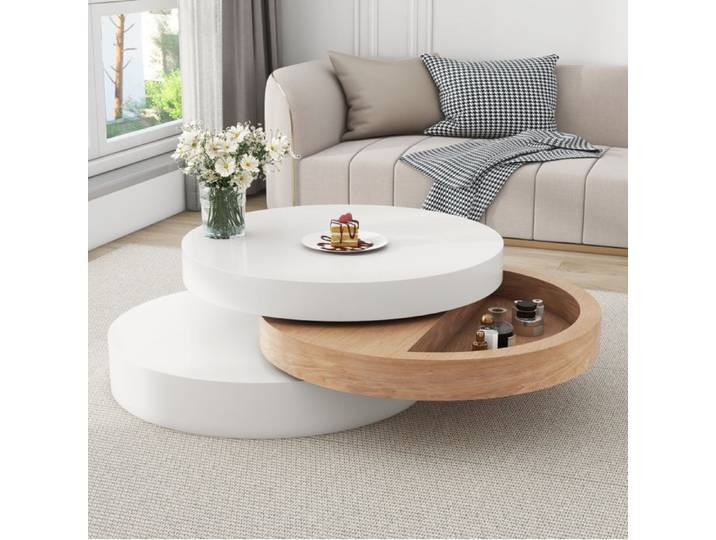 Table Basse Ronde Rotative 360° avec Rangement Dissimulé 3 Niveaux - LPOSPI - MDF Laqué Blanc et Bois Naturel