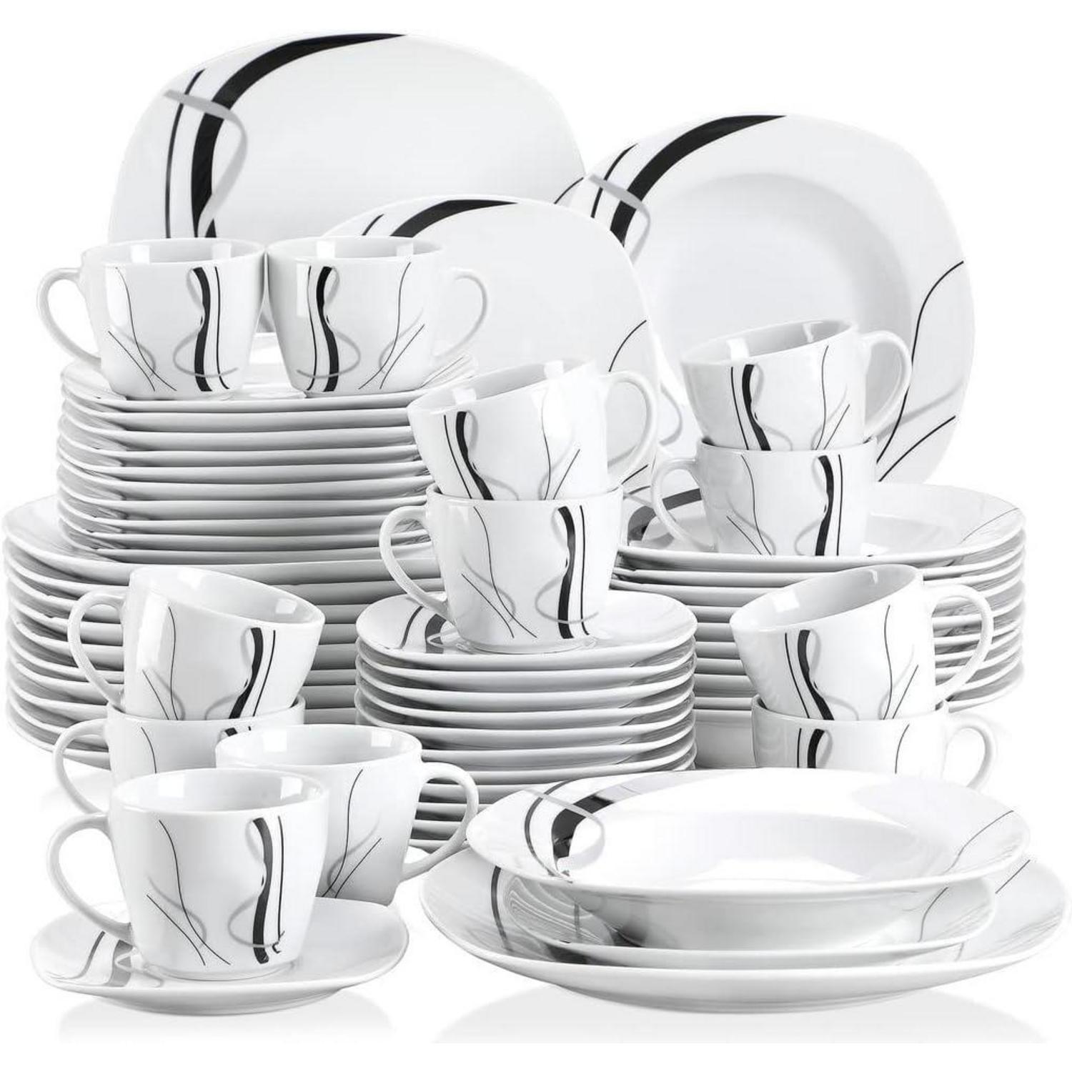 Tafelservice 60-teilig Porzellan für 4-12 Personen Speise-, Dessert-, Suppenteller, Tassen & Untertassen