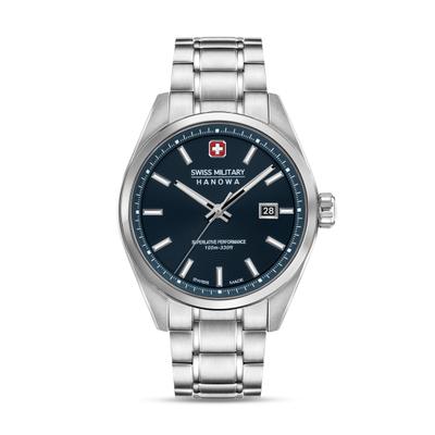 Quarzuhr "Pioneer", blau (silberfarben, blau, blau), SWISS MILITARY HANOWA, Armbanduhren, Herren, silberfarben, Quarzuhr, Armbanduhr, Herrenuhr, Swiss Made, Edelstahlarmband, analog, Tag
