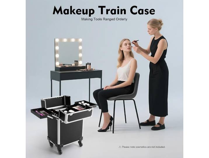 Trousse de maquillage 3 en 1 Trousse de coiffure 34 x 24 x 47 cm Trousse de maquillage verrouillable 360 ° Mallette de beauté à roulettes rotatives pour maquilleurs