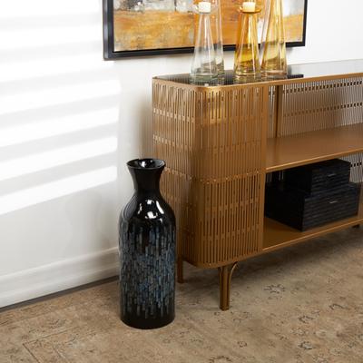 ARCILLA ELEMENTAL "Teal Mother of Pearl Shell Handmade Mosaic Shell Inlay Decorative Vase with Black Bamboo Base - 8""W, 20""H"