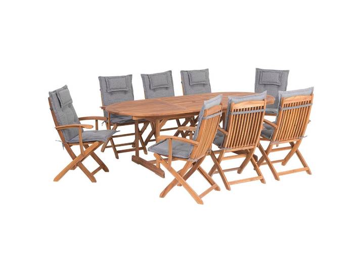 GARTENMÖBEL SET 8-Sitzer Akazienholz hellbraun Auflagen grau Maui