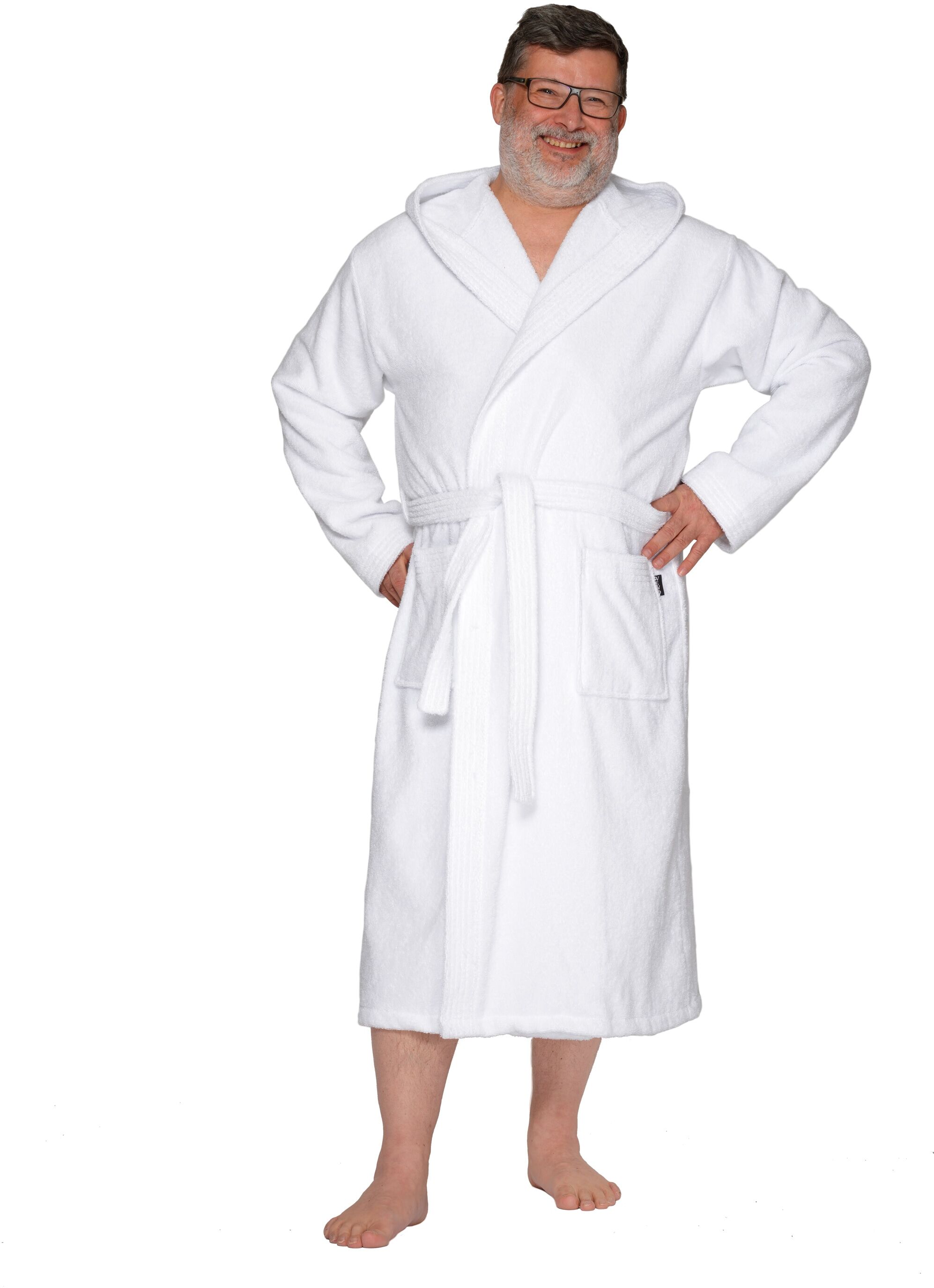 Unisex-Bademantel WEWO FASHION "3004, ideal für Sauna & Spa, Hotelbademantel, Morgenmantel" Gr. L, weiss (weiß), L:125cm, Frottier, Hausmäntel, Unisex-Bademantel, klassisch elegant weiß L L: 125cm