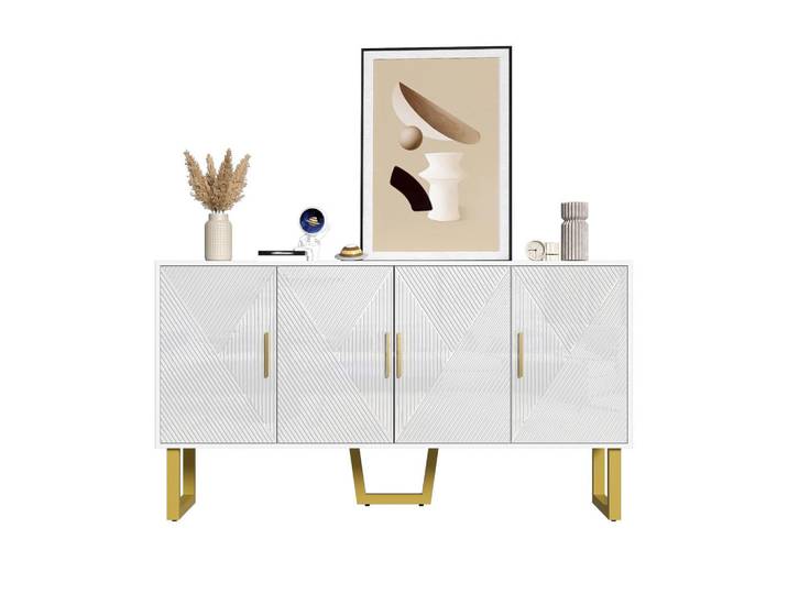 Flieks Sideboard 150cm Modern Luxuriös Weiß Goldene Griffe 4 Türen, 40x82x150 cm, Kleinmöbel, Kommoden, Sideboards