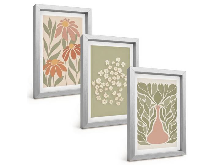 BILDER SET 3er Set - 20x30 cm Silberner Rahmen - Florale Boho-Muster