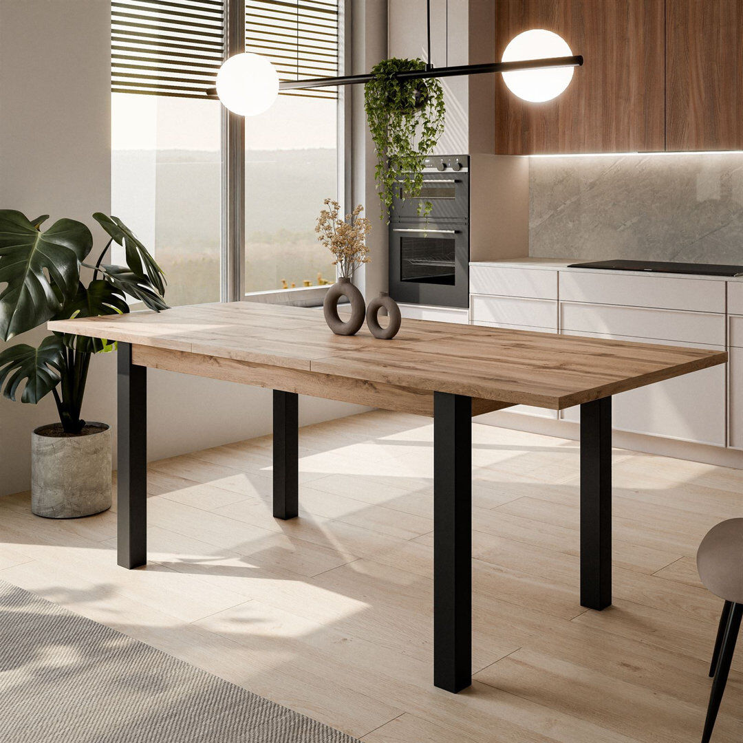 Rio 85 cm Extendable Rectangular Dining Table with Steel Base Black/Wotan Oak