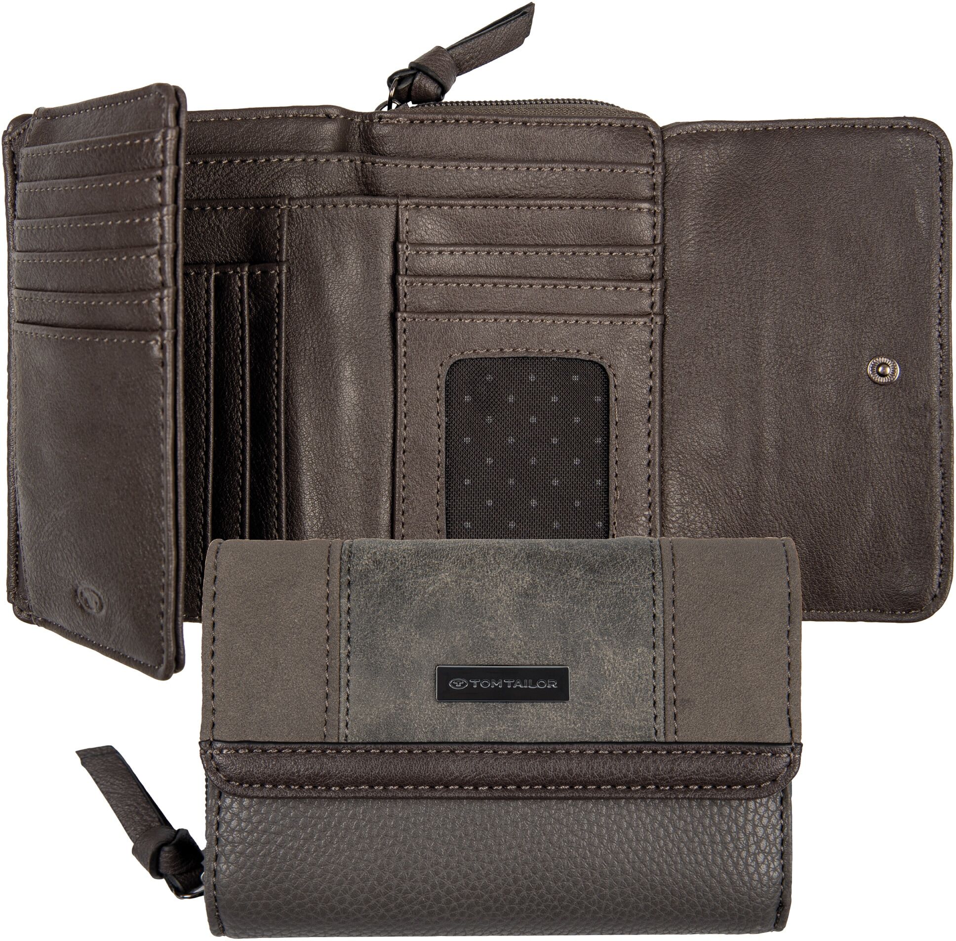 Geldbörse TOM TAILOR "Juna", Damen, grau, Polyurethan, gepflegt, kontrastfarbene Details, mehrfarbig, Kleinlederwaren Geldbörse, aus soft genarbtem ledrigen Material mit glänzenden Metall-Accessoires grau Einheitsgröße