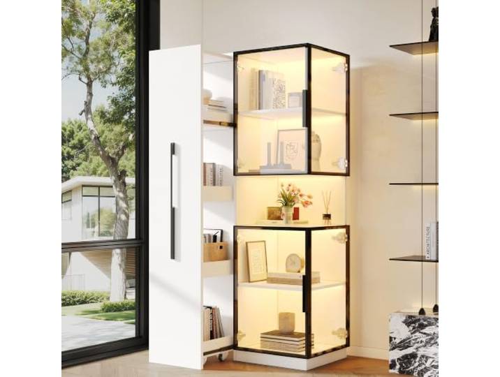 BTM Glasvitrine mit LED Beleuchtung und Ausziehbar Regal, Vitrinenschrank Stehend Esszimmer/Wohnzimmer Standvitrine, Weiß