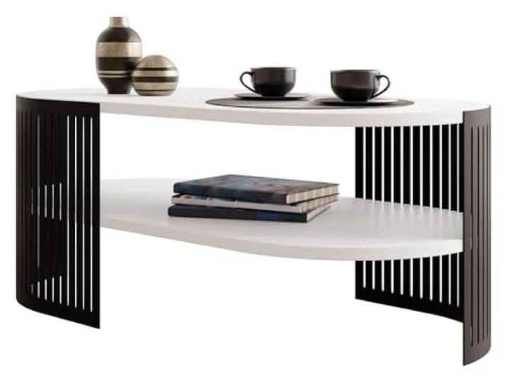 Mirjan24 Couchtisch Fahugin II, ovale Form (Arktisches Weiß, Schwarz) Eleganter Kaffeetisch mit Ablagefläche, stabilem Metallgestell und großzügiger Tischplatte für Getränke, Bücher und Deko