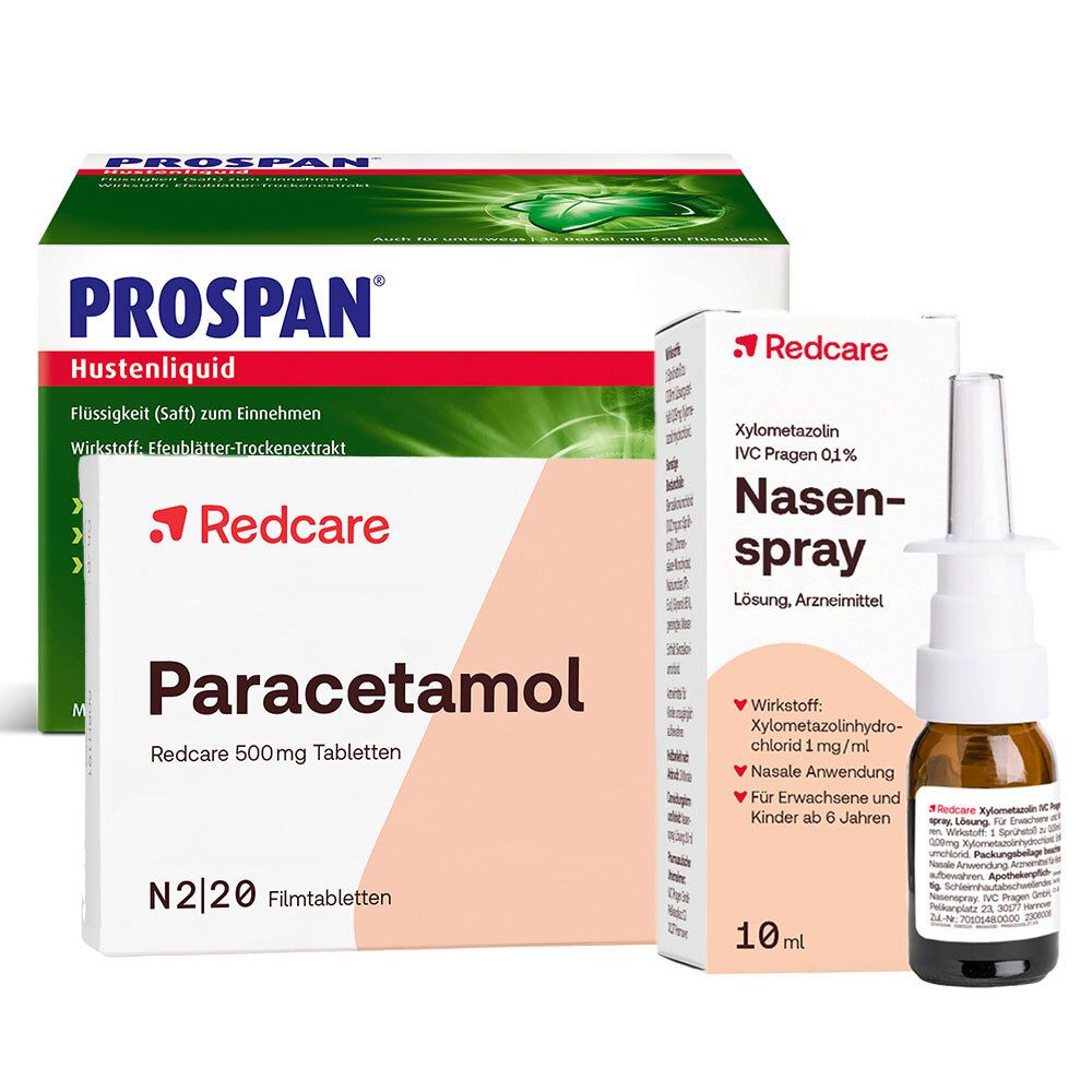 Prospan Hustenliquid im Stickbeutel + Redcare Paracetamol 500mg Xylo 0,1% Nasen 1 St Set