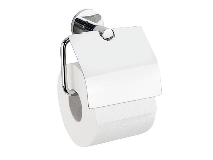 WENKO UV-Loc® Toilettenpapierhalter mit Deckel Isera, Halter aus Vierkantrohr und Zinkdruckguss, rostfrei, zur stressfreien Befestigung ohne zu Bohren mit UV-Loc® Klebesystem, 13,5 x 13 x 7 cm, Chrom