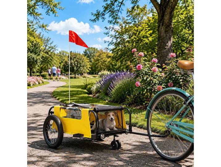 Remorque Vélo Arrière Jaune, Chariot de Transport Vélo avec Cadre en Fer et Toile Oxford, Coffre Compact pour Bagages, Remorque Vélo Légère pour Camping, Randonnée, Courses, Voyage et Transport