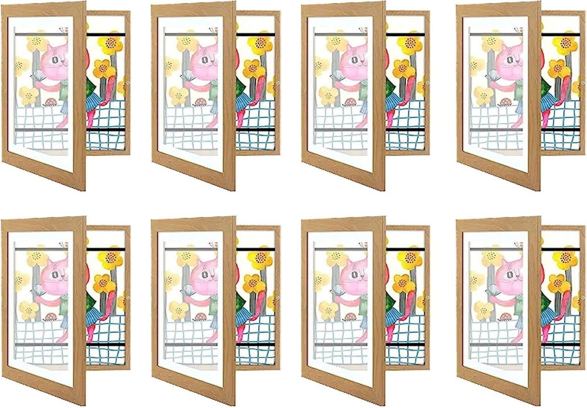 Kinderkunstframe Houtkleur voor het tonen van kunstwerken in A4-formaat