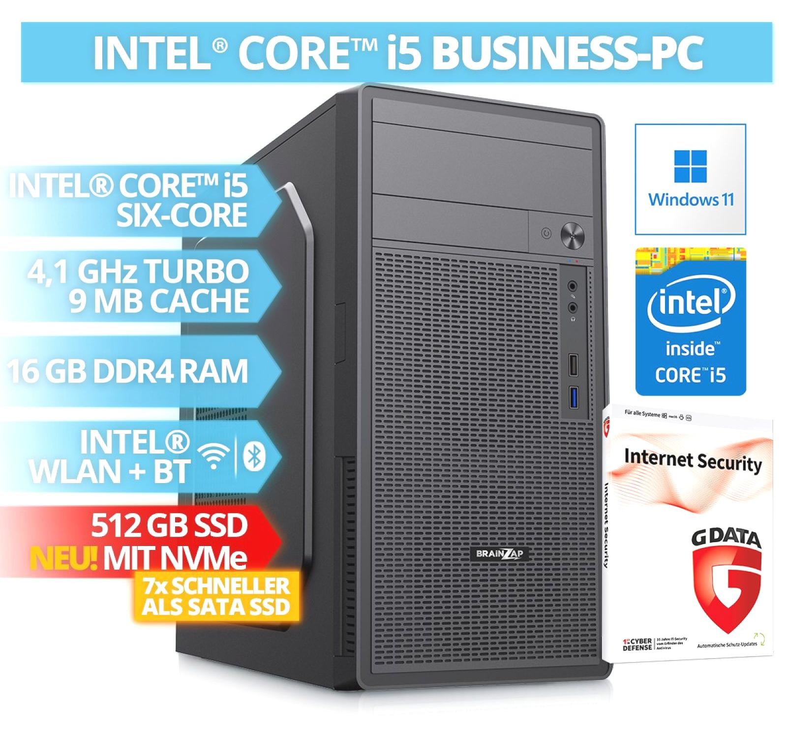 BRAINZAP Intel Core i5 SIX-Core Office / Business PC, 16 GB DDR4 RAM, 512 GB NVMe SSD, WLAN, BT Bluetooth Windows 11