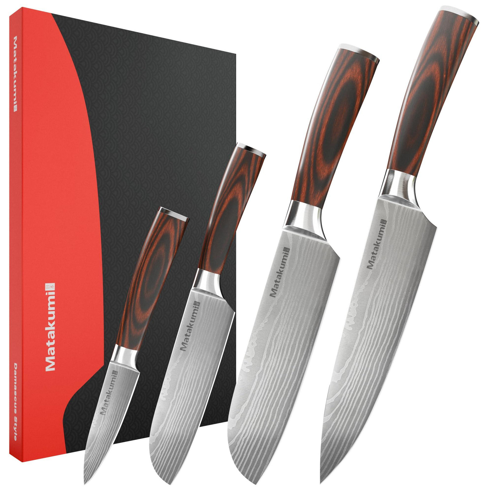 Dripio 4-delige messen set met Damast-stijl koksmes, Santoku-mes en schilmes