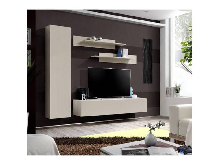 Ensemble meuble TV mural Fly G1 - Bois MDF cachemire - 200 x 170 x 40 cm
