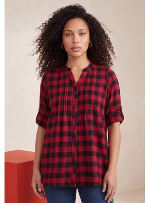 Plus Size Women's Plaid Flannel Pintuck Blouse by Roaman's in Black Red Check (Size 22 W)