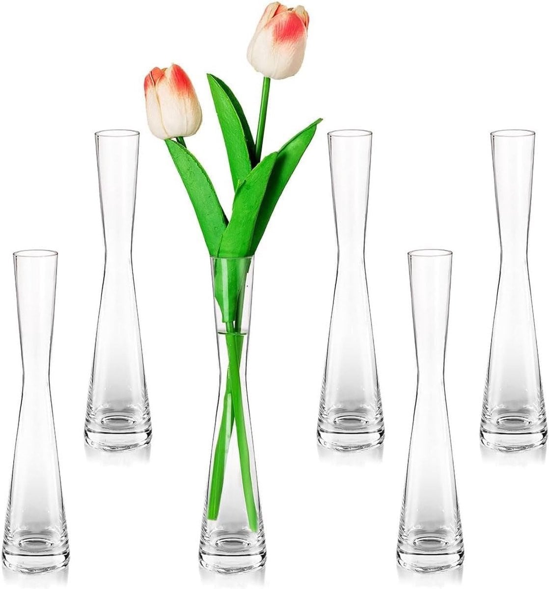 Set van 6 handgemaakte doorzichtige glazen vaasjes voor bloemen en tafeldecoratie