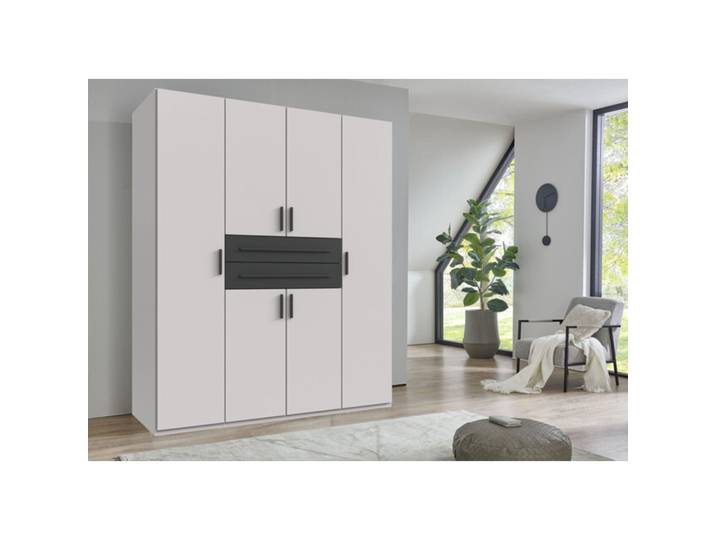 Kleiderschrank Stride Weiß, Rahmen + Abs. Grafit - Griffe Grafit Mischholz B 180 cm - Kleiderschrank
