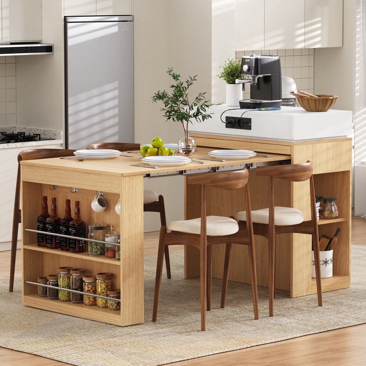 Wishdor Keukeneiland met uitschuifbare tafel en opbergruimte in Scandinavische stijl, Naturel