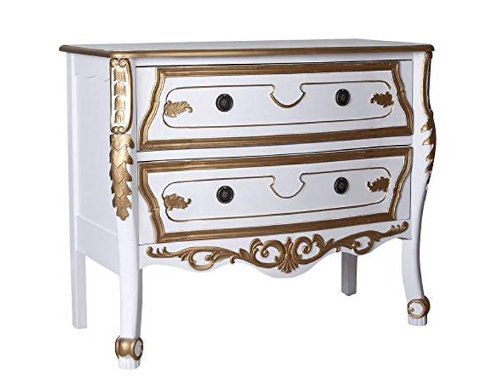 PALAZZO INT Barock-Kommode „Villa Marquise“ – Antik-Weißer Schubladenschrank im französischen Barockstil, bombierter Korpus mit Schnitzereien & Messinggriffen, 2 Schubladen, H80 × B96 × T43 cm frf095