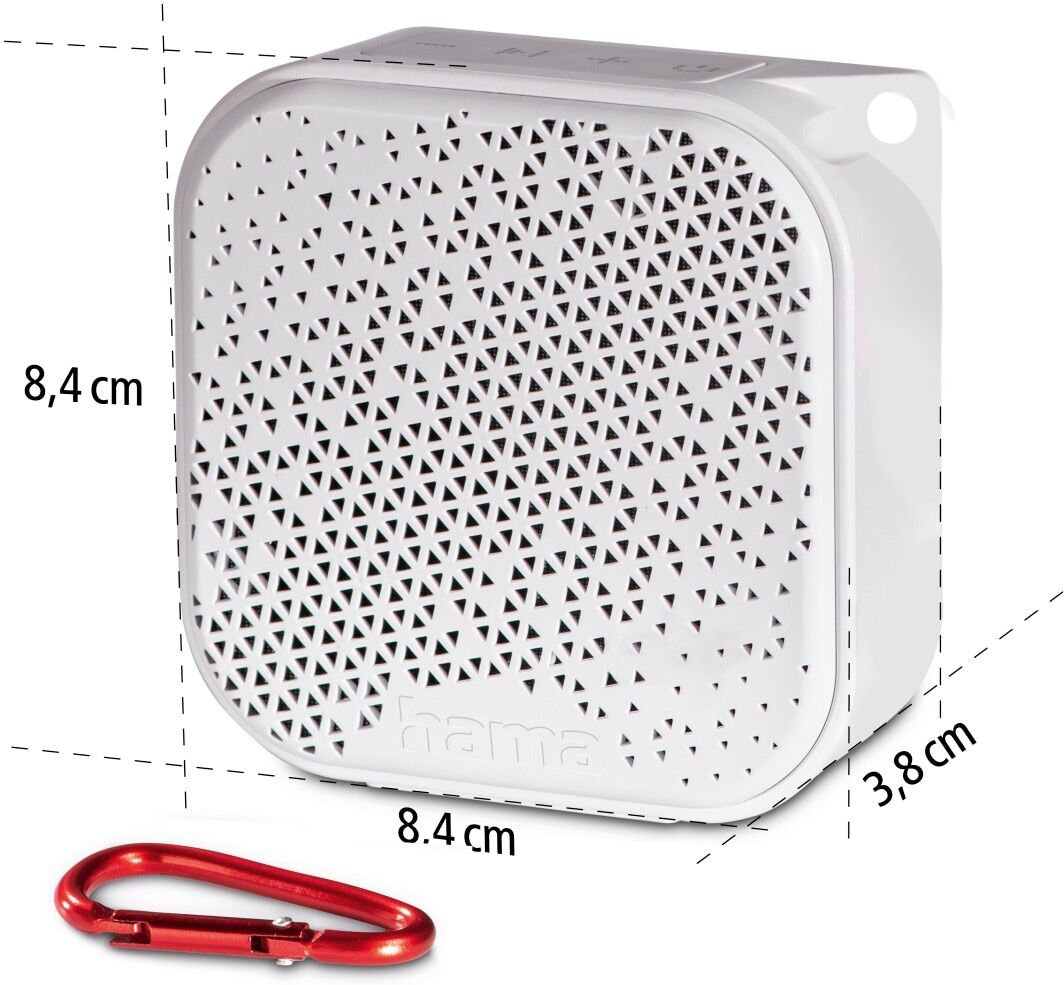 Hama Bluetooth-Lautsprecher "Mini Bluetooth Lautsprecher (wasserdicht IP67, 3,5W, mobil, Karabiner)", weiß, B:11,6cm H:6cm T:14cm, Lautsprecher, Bluetooth-Lautsprecher