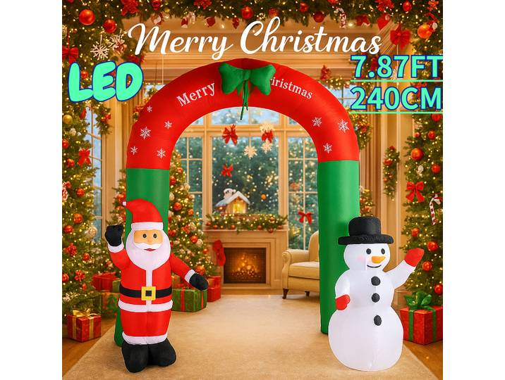 Arc de jouets gonflables de 7,87 pieds, père noël, bonhomme de neige, décoration de fête sur pelouse, ornements, cadeaux avec LED, décoration de vacances pour la maison