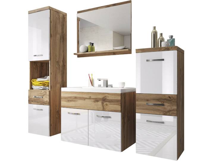 Badmöbel-Set WELLTIME ELDA , braun (wotan eichefarben), B:120cm H:133cm T:34,5cm, Holzwerkstoff, Kastenmöbel-Sets, Badmöbel-Set, Waschtisch inkl. Waschbecken, Hochschrank, Badschrank und Spiegel